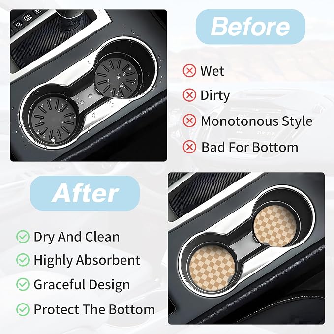 Brown and White Checkered Car Coasters for Cup Holders,2 Pack Car Cup Holder Coasters for Car,Ceramic Absorbent Car Coaster with A Finger Notch and Cork Base,Car Interior Accessories for Women Men