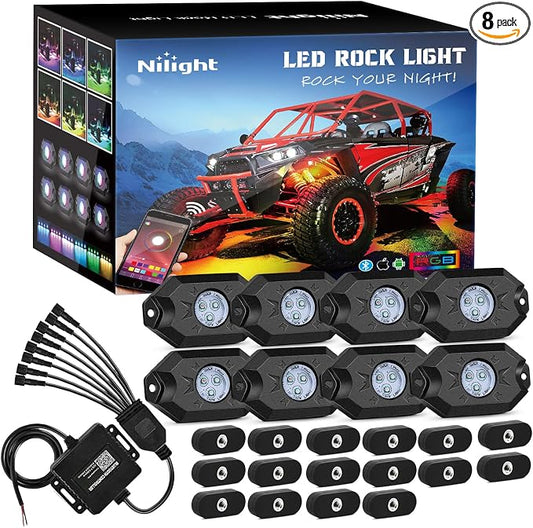 Nilight RGB LED Rock Lights Kit 8 PCS Underglow Multicolor Neon Light Pod with Magnetic Base Bluetooth App Control Flashing Music Mode IP68 Wheel Well Light for Truck ATV UTV RZR SUV