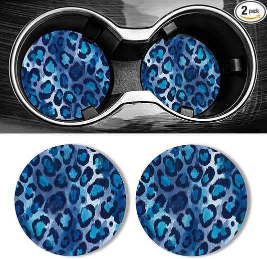 WOCOCN Car Coasters for Cup Holders - 2 Pack 2.75" Universal Rubber Car Cup Coaster, Non-Slip Waterproof Car Interior Accessories, Cute Car Decor Gifts for Women and Men (Blue Leopard Print)