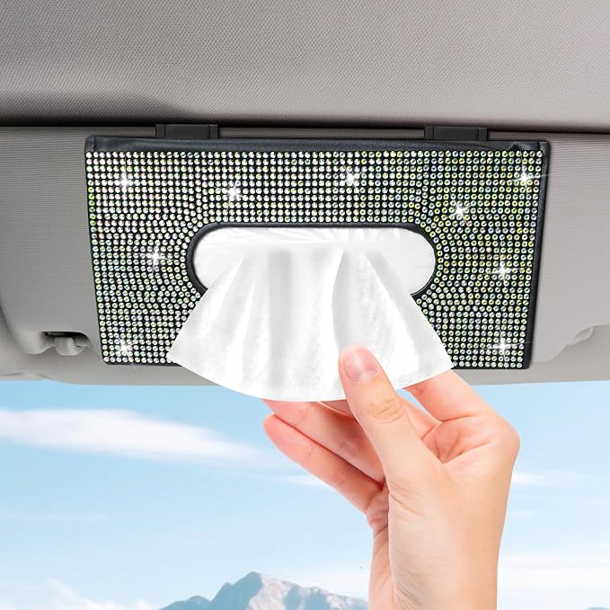 Bling Car Tissue Holder for Sun Visor, Crystal Rhinestone Visor Tissue Box, Leather Vehicle Paper Towel Case, Sparkling Auto Napkin Holder for Women, Car Accessories Decoration (Colorful)