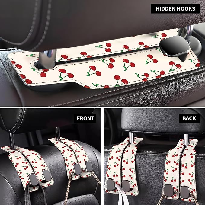 Car Seat Back Storage Headrest Hook, Premium Leather Double Metal Hook, Hanger Storage Organizer for Purse Cloth Bag, Car Interior Accessories White Red Cherry