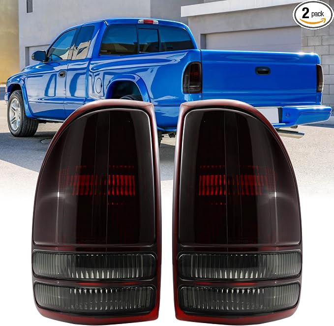 USR 97-04 Dakota PickUp Tail Light – Rear Tail Lamps (Left + Right) Pair - Compatible with 1997-2004 Dodge Dakota Pick Up Truck All Models/Trims (DARK SMOKE RED TAIL LIGHTS/PLUG AND PLAY READY)