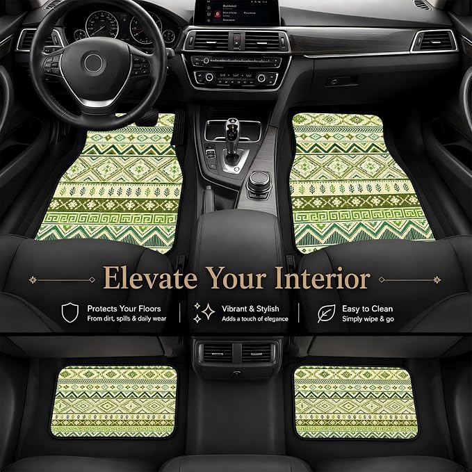 Green Aztec Car Floor Mats Set of 4 Boho Tribal Geometric Pattern Car Accessories Foot Mats Rugs, Non-Slip,Decor for Universal Fit for Suvs Sedans Trucks Cars Auto Floor Carpets Rugs All-Weather