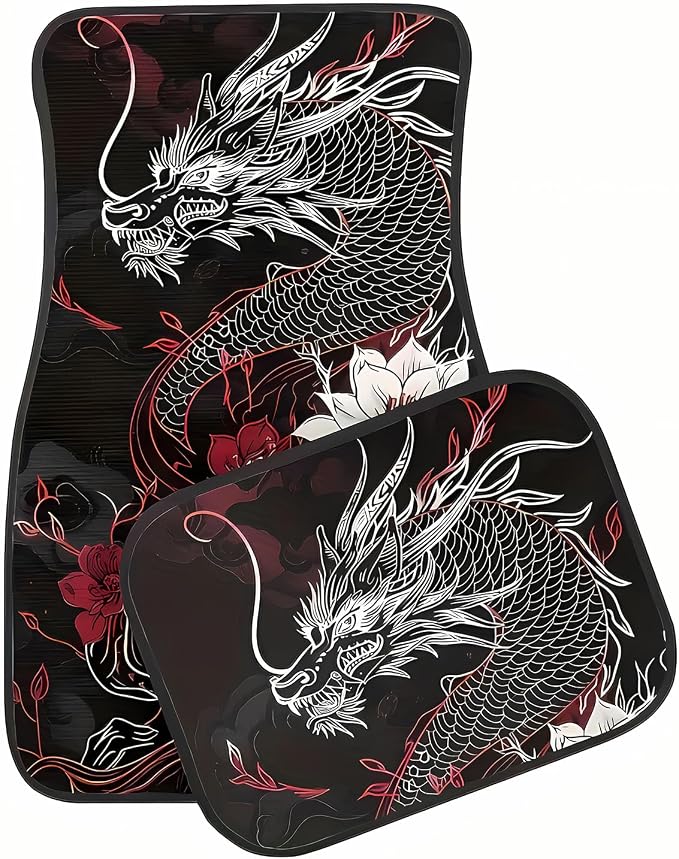 Universal Fit Car Floor Mats Set of 4Pcs, Dragons and Flowers Print All-Weather Front Rear Car Carpet Mats, Non-Slip Car Floor Mat Car Accessories for Automotive Trucks SUV Sedans Vans
