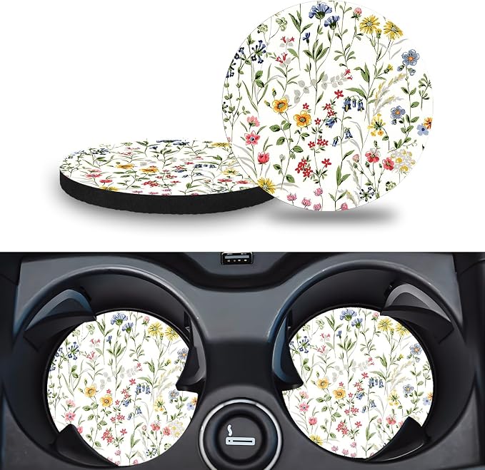 Car Cup Holder Coasters, 2 Pack – 2.75" Universal Auto Anti-Slip Insert Coaster, Rubber Car Coasters, Personalized Car Accessories for Women & Men (Wildflowers)