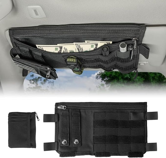 Car Sun Visor Organizer for Cars, Trucks, Vans | Double Sided Visor Organzier with Card Pouch, Multi-Functional Sunglass Holder, Tactical MOLLE Accessories