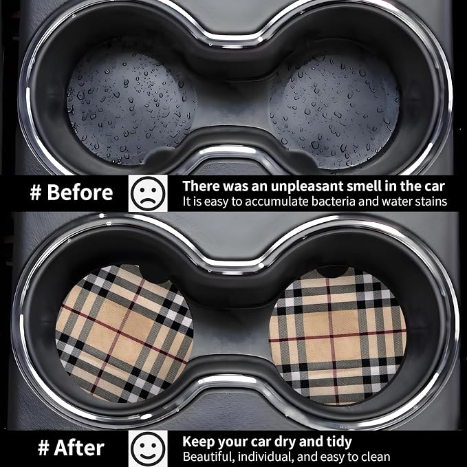 Car Coasters for Cup Holders, Car Cup Holder Coaster, Cute Car Accessories for Women Interior, 2PCS Cup Holder Coasters for Car, Anti Slip Rubber Cup Mat with A Finger Notch(Beige Plaid)