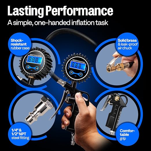 SPECSTAR 2 Pack Digital Tire Inflator with Pressure Gauge, Night Available | 250 PSI Air Chuck and Compressor Accessories with Rubber Hose and Quick Connect Attachment for 0.1 Display Resolution