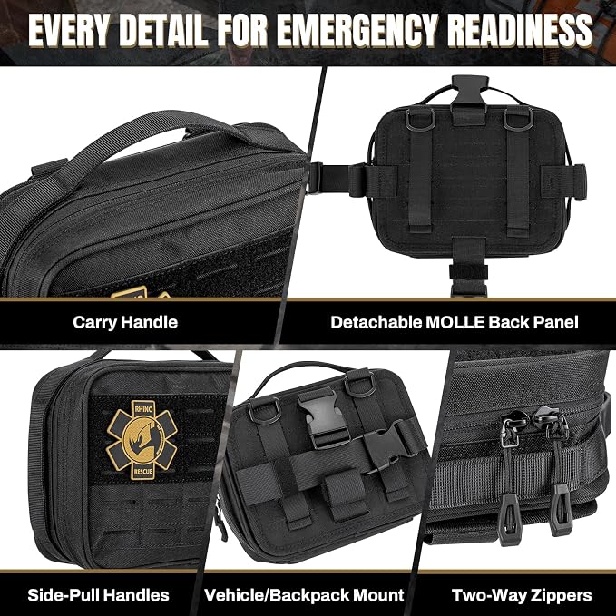 RHINO RESCUE Vehicle IFAK Trauma Kit with CAT Tourniquet Black | Car Headrest Pack, Molle System, TCCC Compliant, Trauma First Aid Kit, Vehicle/Backpack Mount, HSA/FSA Approved