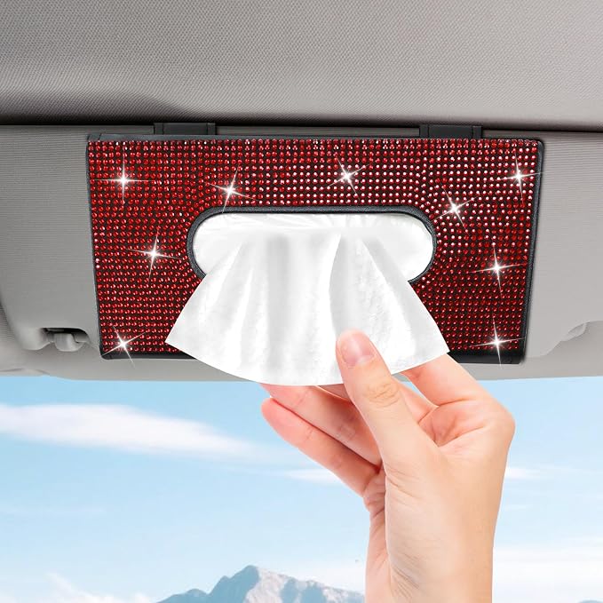 Bling Car Tissue Holder for Sun Visor, Crystal Rhinestone Visor Tissue Box, Leather Vehicle Paper Towel Case, Sparkling Auto Napkin Holder for Women, Car Accessories Decoration (Red)
