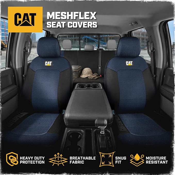 CAT MeshFlex Seat Covers Full Set for Full-Size Pickup Trucks Only - Blue | Front Bucket Seat Covers & 60/40 Split Rear Bench Protector – Interior Accessories For F-150, Silverado, Ram, Sierra & Tundra