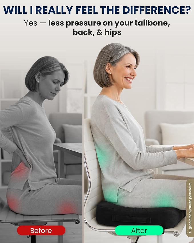5 STARS UNITED Seat Cushion - Memory Foam Chair Cushion for Tailbone Pain Relief - Ergonomic Support for Coccyx, Sciatica & Butt - Office, Desk & Gaming Chair, Car Seat, Wheelchair, Airplane, Black