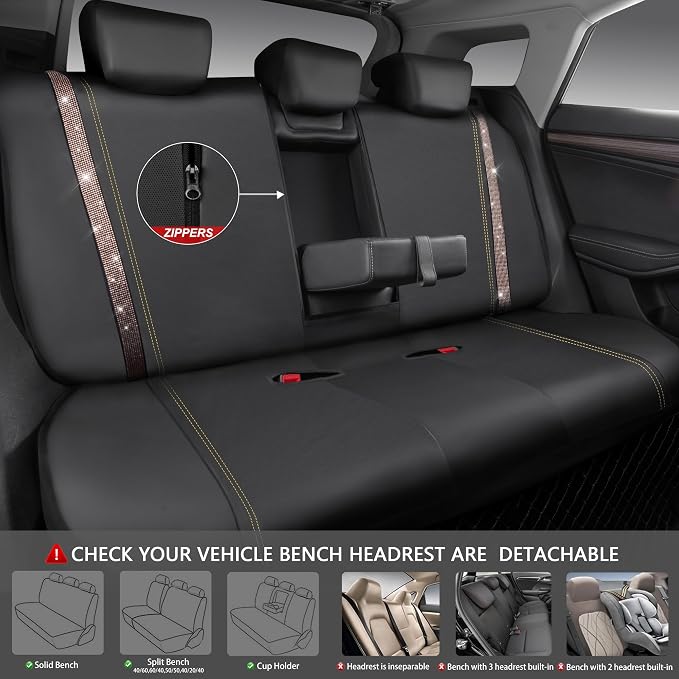 CAR PASS Bling Diamond Car Seat Covers Full Sets, Shining Rhinestone Waterproof Faux Leather, with Zipper, Universal Fit Automotive Glitter Crystal Sparkle Strips Cute Women Girl, Champagne Gold
