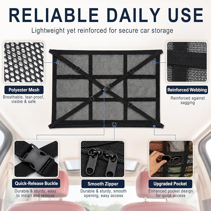 Car Ceiling Cargo Net, 35.4"x25.6" Double-Layer Overhead Roof Storage Organizer for SUV Truck Van, Camping Storage Mesh Net for Travel Road Trips, Van Life Essentials
