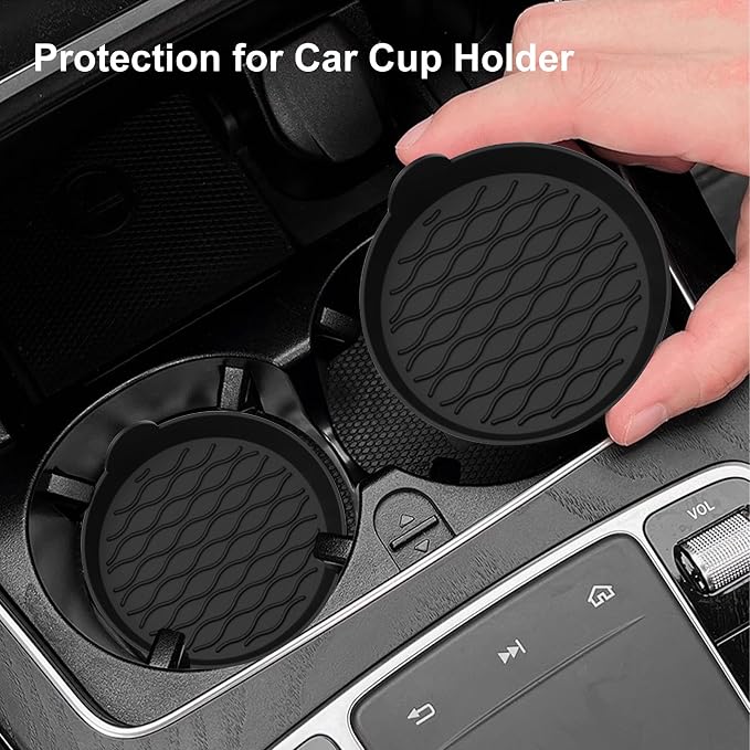 4PCS Car Cup Holder Coasters, Universal Silicone Non-Slip Insert Cup Coasters, Soft Wave Pattern Cup Holders, Car Interior Accessories for SUV, Truck, RV (Black)