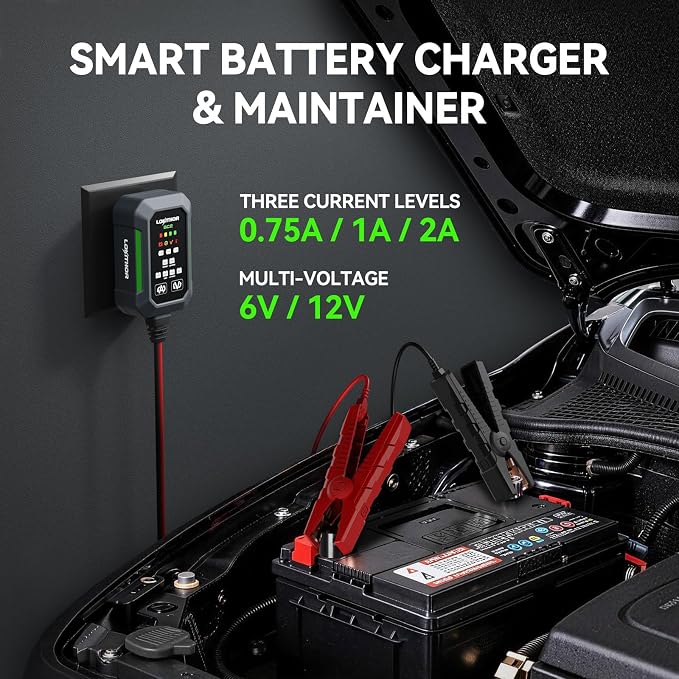 LOKITHOR BC2 Car Battery Charger 2A/1A/750mA Adjustable Currents, 6V/12V Automatic Battery Maintainer, Trickle Charger & Desulfator with Overcharge Protection, Double Pulse Repair, Forced Charging