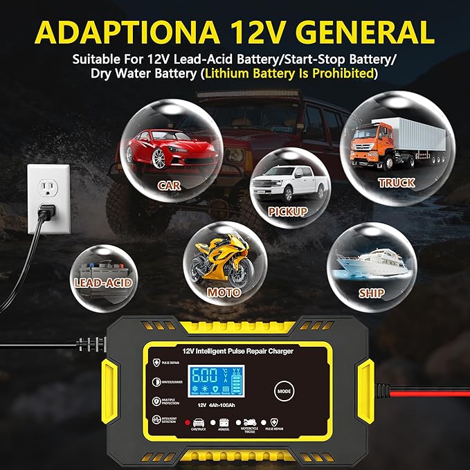 12V 6-Amp Battery Charger, Smart Trickle Charger Maintainer Yellow | Battery Desulfator, Winter & Summer Mode, Lead-acid Battery Chargers, for Car Truck Motorcycle Lawn Mower Boat