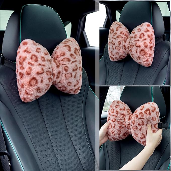 Macarrie 2 Pcs Leopard Car Neck Pillow Imitation Rabbit Fur Bow Pillow | Soft Comfortable Seat Headrest Support, Cute Bow Car Accessories, Driving Travel Driver Chair Girl Interior Decor, Pink