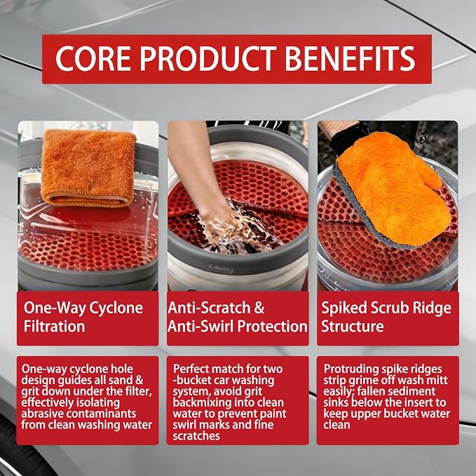 10.4in Heavy Duty Car Wash Bucket Grit Trap Insert (2 Pack) with Premium Wash Mitt & Microfiber Towel - Auto Detailing Dirt Separator Filter, Car Washing Accessories (Red Kit)