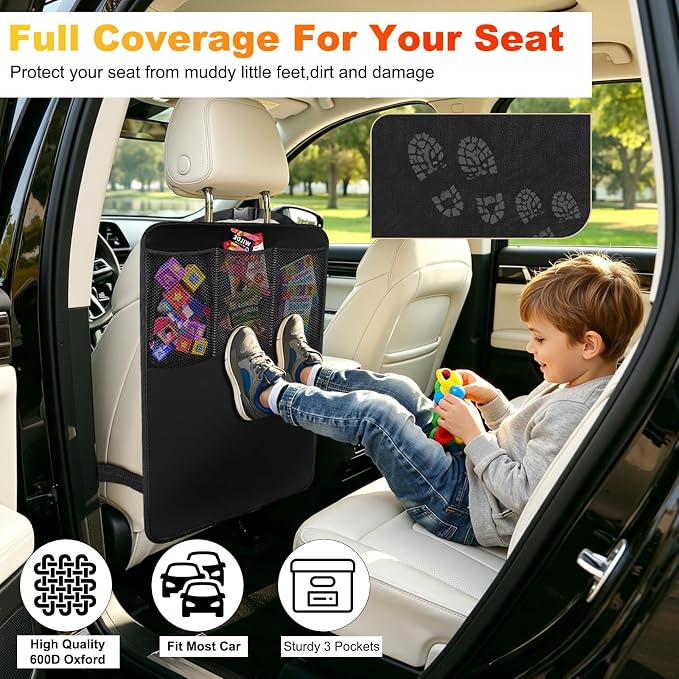 Kick Mats Back Seat Protector for Kids - 2 Pack Car Seat Back Cover with 3 Mesh Pockets Car Organizer Backseat Kick Protector for Child