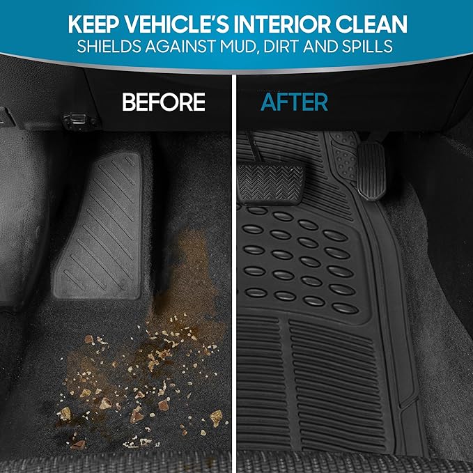 BDK ProLiner Car Floor Mats for Cars Trucks SUV, 3-Piece All-Weather Heavy Duty Rubber Liners with Universal Trimmable Fit, Durable Waterproof Vehicle Auto Floor Mats with Capture Ridges Black