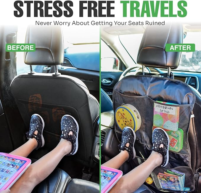 lebogner Back Seat Cover for Kids + 4 Pocket Storage Organizer, 2 Pack X-Large Waterproof Kick Mats Backseat Protector, Car Seat Back Protectors for Vehicles to Protect from Dirt, Mud & Scratches