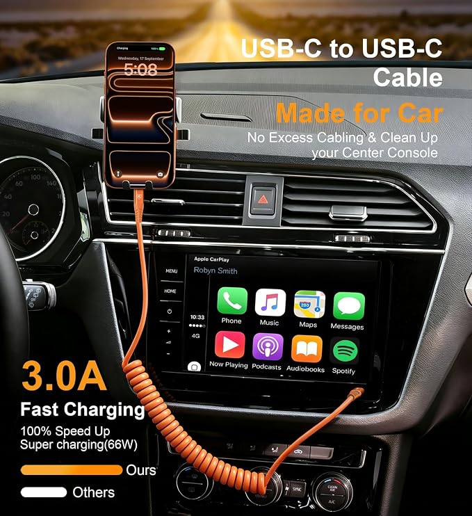 USB C to C Cable [3FT+6FT], Coiled USB C Fast Charging Cable for CarPlay | 2Pack iPhone USB-C Cable/Android Auto USB C Cord USB Type-C Cable for iPhone 17/16/15/Pro Max/Galaxy S26 S25 and More-Orange