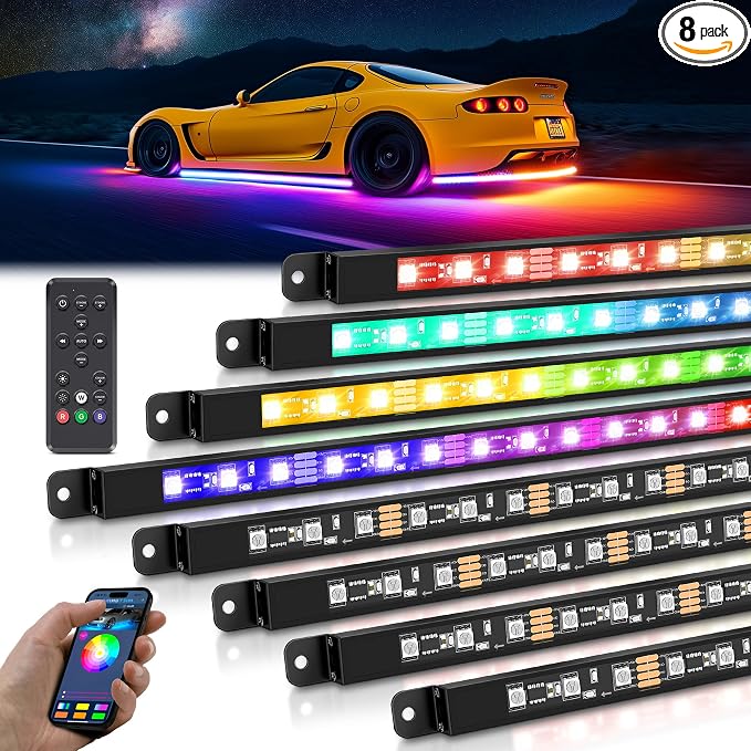 MICTUNING 8Pcs N8+ Chasing Color RGB+IC Underglow Neon Accent Strip Lights, 12V Multi DreamColor Music Soundsync Exterior Underbody Lights for Car, Wireless App & Remote Control, 2 Years Warranty