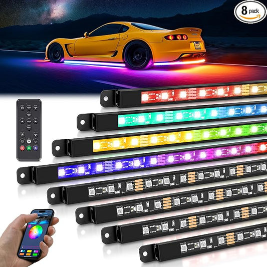 MICTUNING 8Pcs N8+ Chasing Color RGB+IC Underglow Neon Accent Strip Lights, 12V Multi DreamColor Music Soundsync Exterior Underbody Lights for Car, Wireless App & Remote Control, 2 Years Warranty