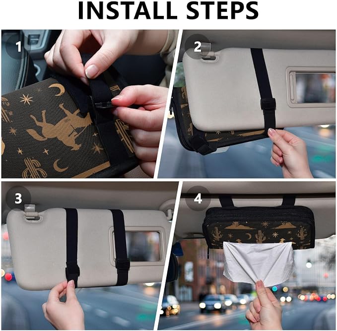 Cowboy Horse Cactus Stars Black Car Tissue Holder Durable Napkin Holder Hanging Tissue Holders Case Car Tissues Bag for Sun Visor Seat Back Universal Auto