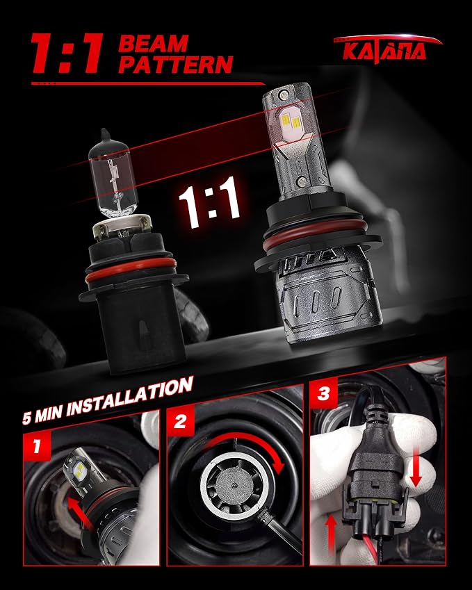 Katana 9007 Bulb,HB5 400% Brightness 6500K 1:1 Size Plug and Play Fog of 2 | Cooling Fan,High/Low Beam,360°Beam Angle