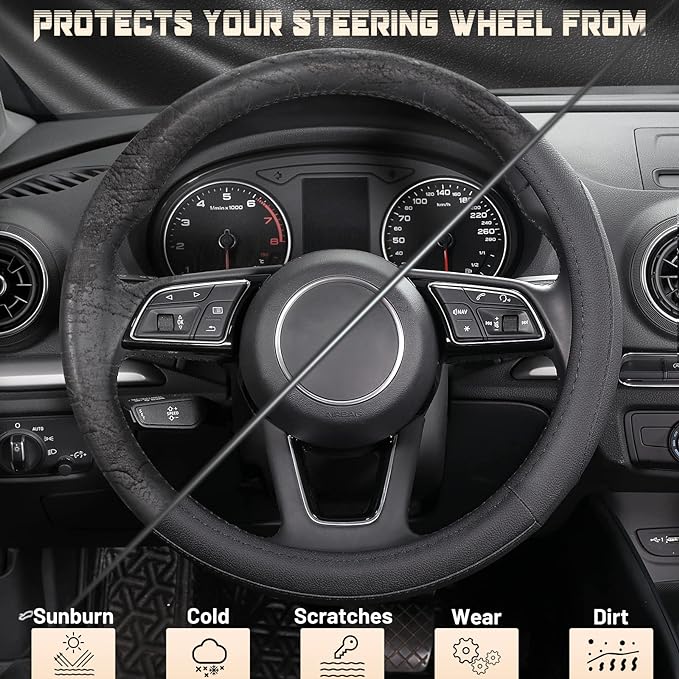 SEG Direct Black Microfiber Leather Auto Car Steering Wheel Cover 15 inch