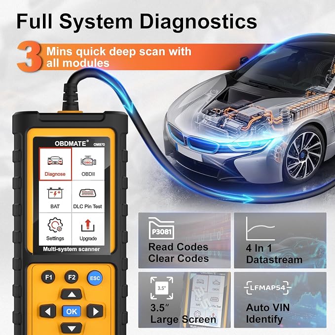 Full Systems OBD2 Scanner Car Diagnostic Tool with ABS SRS Transmission Etc | Read & Clear Fault Codes; Read Live Data; Battery Voltage Test; Free Upgrade; Works for Cars and Trucks Since 1996