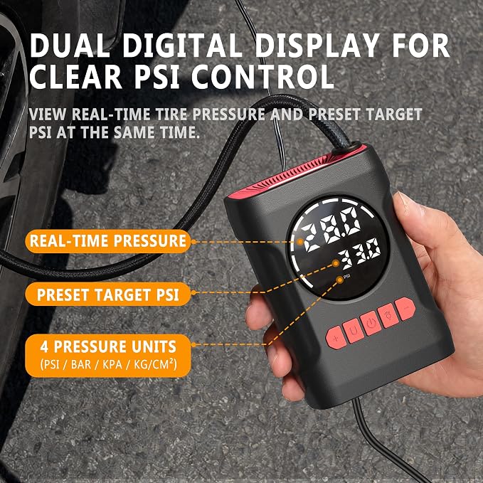 ROCGORLD R6 12V DC Tire Inflator Portable Air Compressor, Car Air Pump with Dual Digital Display, Preset Pressure, Auto Shut-Off, 3 Light Modes, Plug-In Tire Pump for Cars, Motorcycles, Bikes, Balls