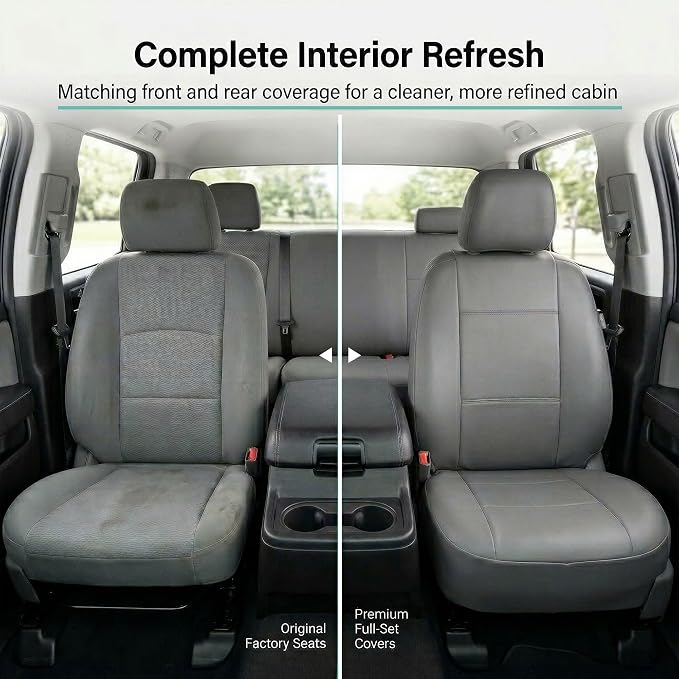FH Group Car Seat Covers PU Leather Full Set Automotive Seat Covers Front Set and Rear Solid Bench Gray Seat Covers with Gift Universal Fit Interior Accessories for Cars Trucks and SUVs
