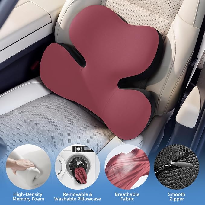 BEBAS Ergonomic Memory Foam Lumbar Support Pillow for Car, Red | Zoned Pressure Relief for Back Support, Lumbar Cushion with Fixed Ring, Breathable Washable Cover, Fits for Driving & Office
