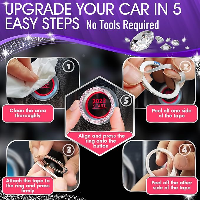 Bling Car Decor Crystal Rhinestone Car Bling Ring Emblem Sticker, Bling Car Accessories for Auto Start Engine Ignition Button Key & Knobs, Bling for Car Interior, Unique Gift for Women (Pink)