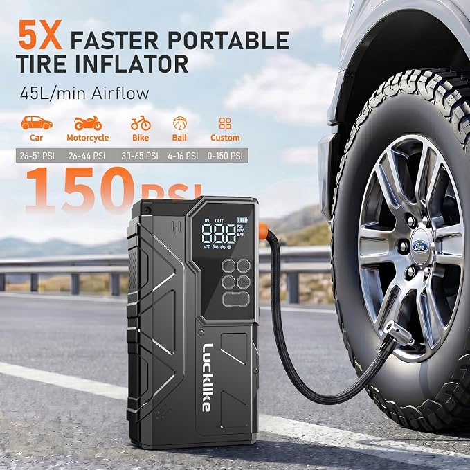7000A 150PSI Car Battery Jump Starter with Air Compressor Battery Jump Box | for 12V(All Gas/12L Diesel), 21800mAh Car Battery Jumper Starter Portable with Auto-Shutoff Tire Inflator, 800lm Light