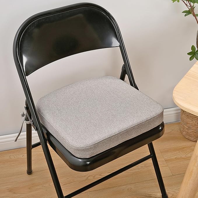 SINOSSO Memory Foam Chair Cushions for Folding Chairs 4 Pack, Thickened 2" Square Pads with Ties for Kitchen Chairs, Indoor Non-Slip Dining Chair Seat Cushions (Set of 4, Light Gray)