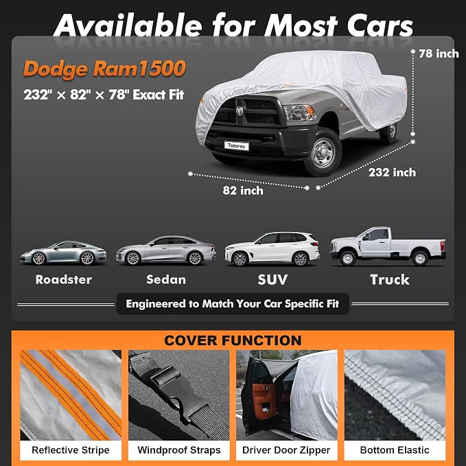 Truck Cover Waterproof All-Weather,Outdoor Pickup Covers(Length 243-250 inch) with Windshield Sun Shade Universal Fit Tacoma, Tundra, F-150, RAM 1500 etc,Size T6 (See Size Chart)