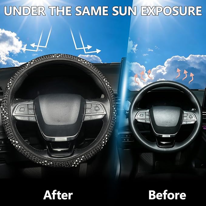 KAFEEK Elastic Mesh Car Steering Wheel Cover, Cute Black White, 15 Inch | Cooling Breathable Fabric, Non Slip Protector for Women Men, Summer Winter, Universal Fit