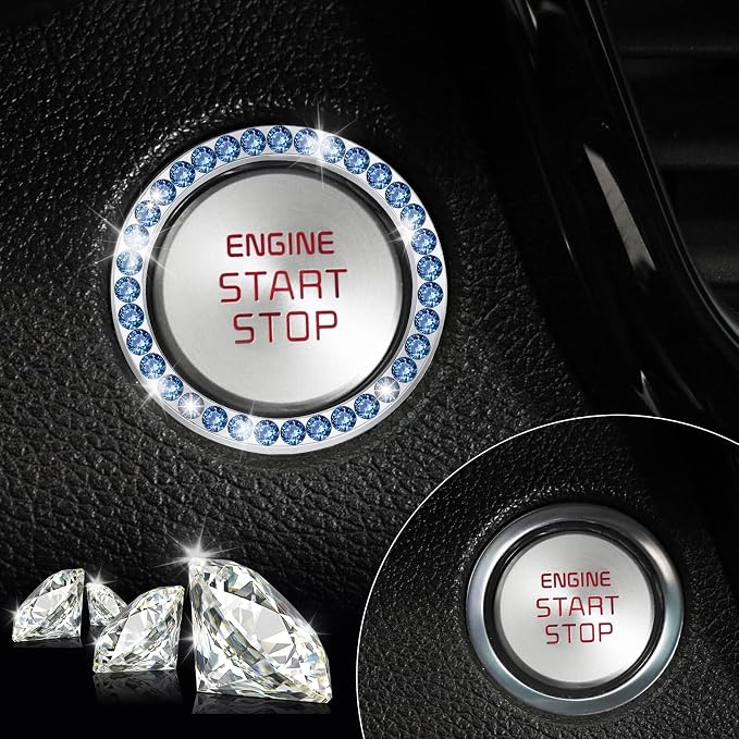 LivTee 2 PCS Crystal Rhinestone Car Engine Start Stop Decoration Ring, Bling Car Interior Accessories for Women, Push to Start Button Cover Sticker, Automotive Decals, Blue