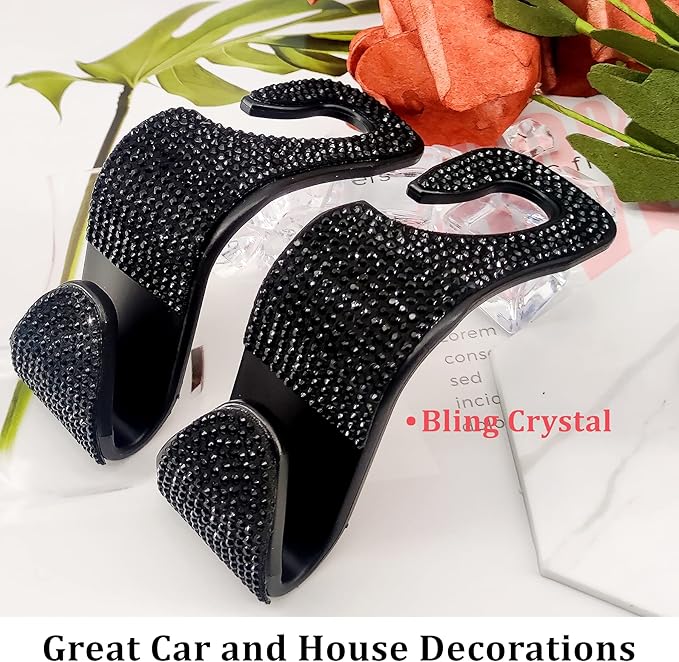 Dermasy® 2 Pack Car Hooks, 2021 New Bling Rhinestones Crystal Hooks Car Decorations Auto Seat Back Organizers Strong and Durable Backseat Hanger Storage Universal for SUV Truck Vehicle (Black)