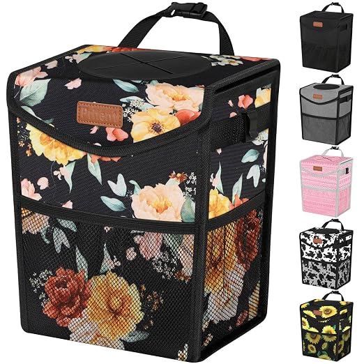 Pritent Car Trash Can with Lid, Cute Leakproof Car Trash Garbage Bag Hanging Vehicle Trash Bin Small Portable Automotive Garbage Cans Organizer for Back/Front Seat/Console(Trapezoid,Rose)