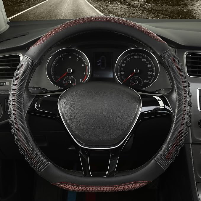 D Shaped Steering Wheel Cover Great Grip with 3D Honeycomb 14 inch | Anti-Slip Silicone Heavy-duty Microfiber Leather Sporty Design, Small 13.5 inch - 14 inch, Black with Burgundy