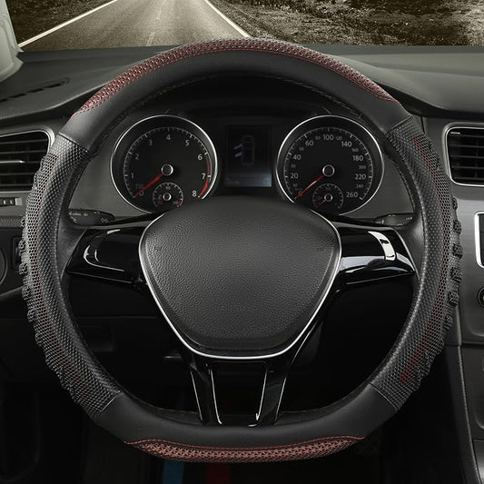 D Shaped Steering Wheel Cover Great Grip with 3D Honeycomb 14 inch | Anti-Slip Silicone Heavy-duty Microfiber Leather Sporty Design, Small 13.5 inch - 14 inch, Black with Burgundy