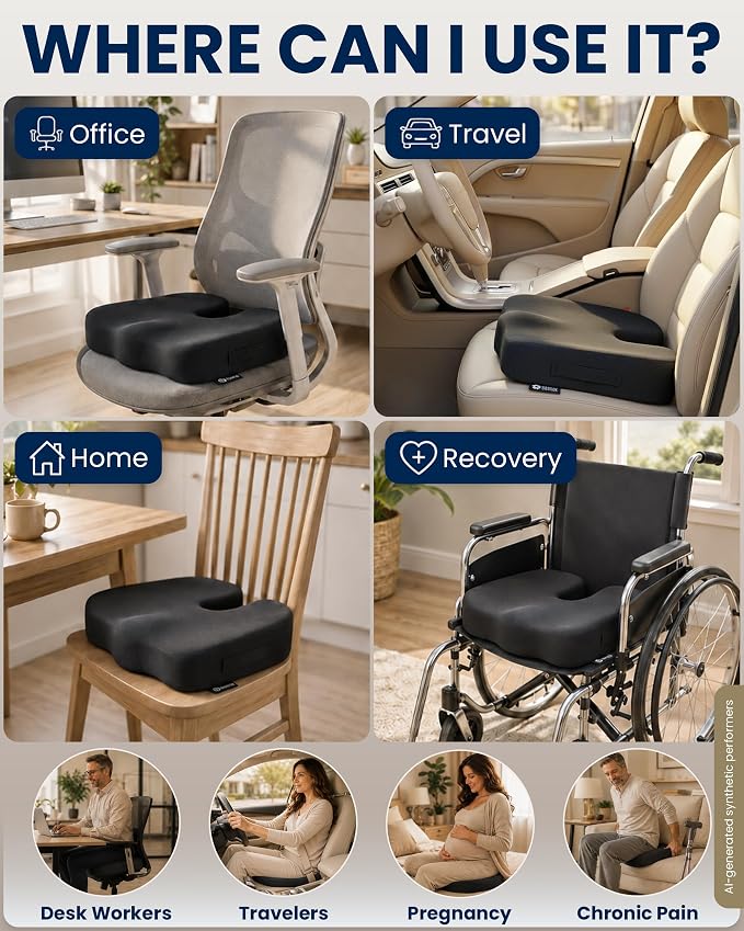 5 STARS UNITED Seat Cushion - Memory Foam & Cooling Gel - Chair Cushion for Tailbone Pain Relief - Ergonomic Support for Coccyx, Sciatica & Butt - Office, Desk & Gaming Chair, Car, Wheelchair, Black