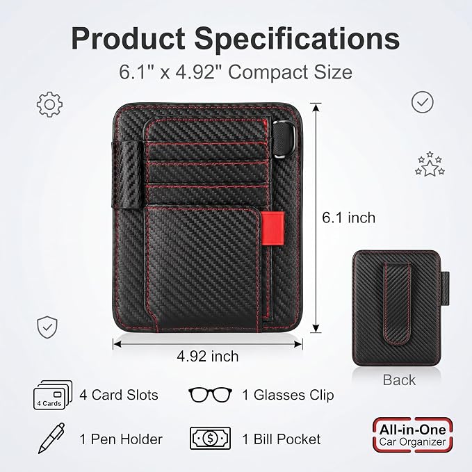 1 PC Car Sun Visor Organizer, Multifunctional Visor Storage with Card Slots and Pen Loop, for Sunglasses Documents and Cards, Universal for Most Cars, SUVs, Trucks (Black & Red)