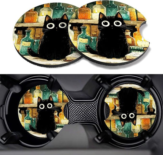 Car Cup Coasters,2 Pack Car Coaster,2.75inch Anti Slip and Absorbent Cars Coasters for Cup Holders,Car Accessories for Women,Cute Decor for Women (Black Cat)