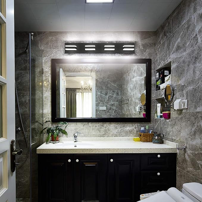 SOLFART Black Bathroom Light Fixtures 4 Lights Bathroom Vanity Light LED Dimmable Matt Black Vanity Lights 32W Cool White 6000K & 0%-100% Brightness Dimmable ETL Listed